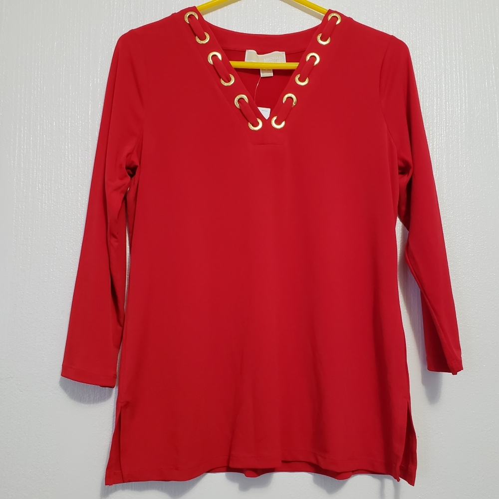 Michael Kors | Red long sleeve V-neck blouse